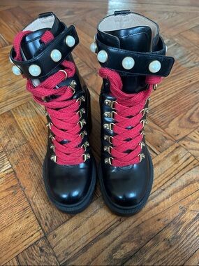 Gucci Black Leather Lace-Up Combat Boots with Red Laces and Pearl Strap
